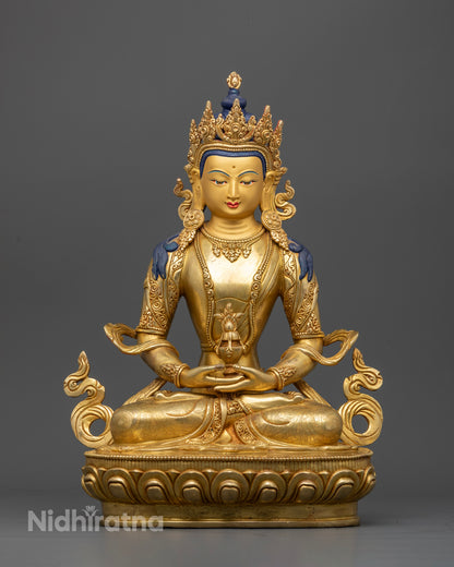Handcrafted Amitayus statue gold fire gilded copper from Patan Nepal.