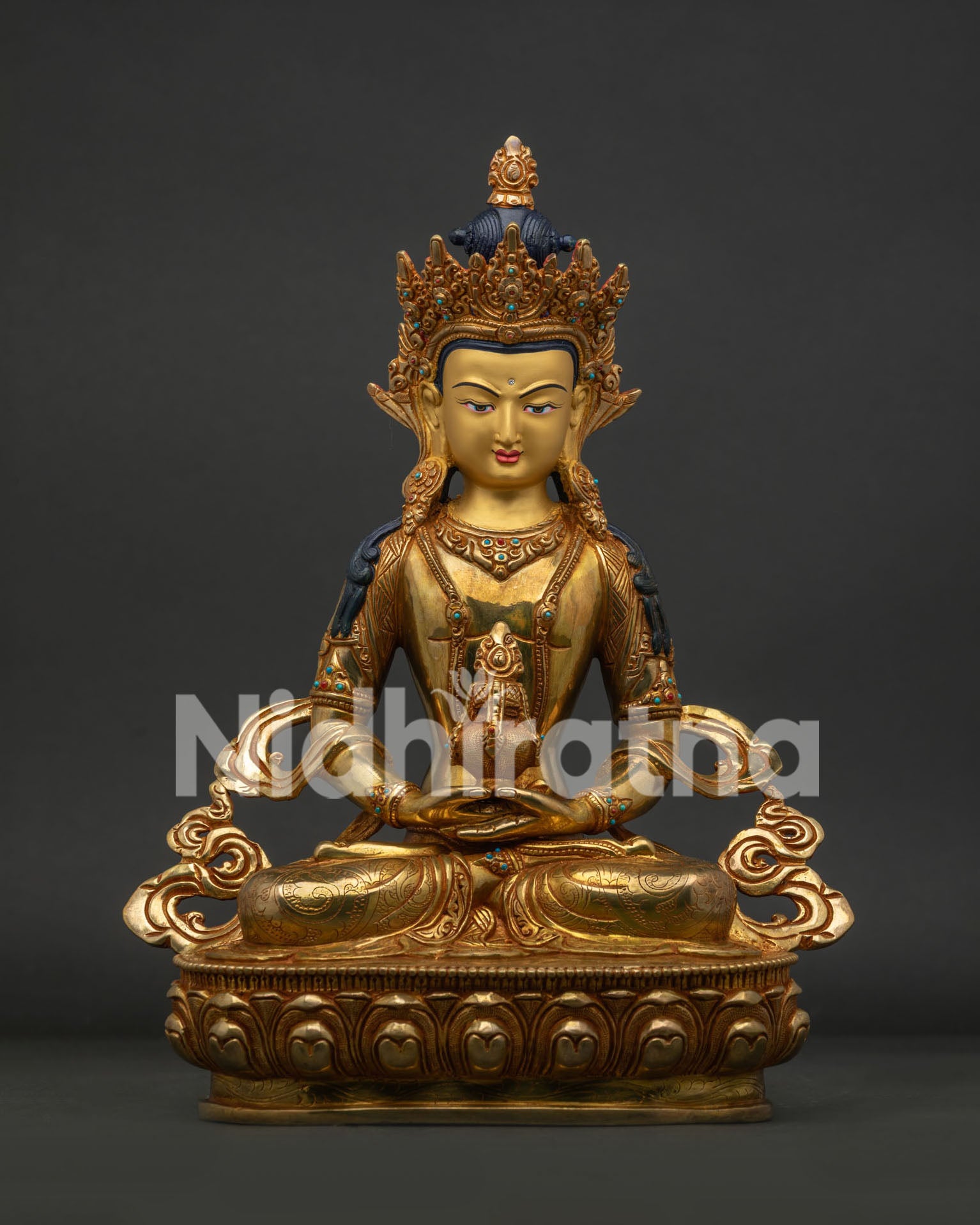 Handcrafted Amitayus Statue in 24K gold fire gilded copper from Nepal.