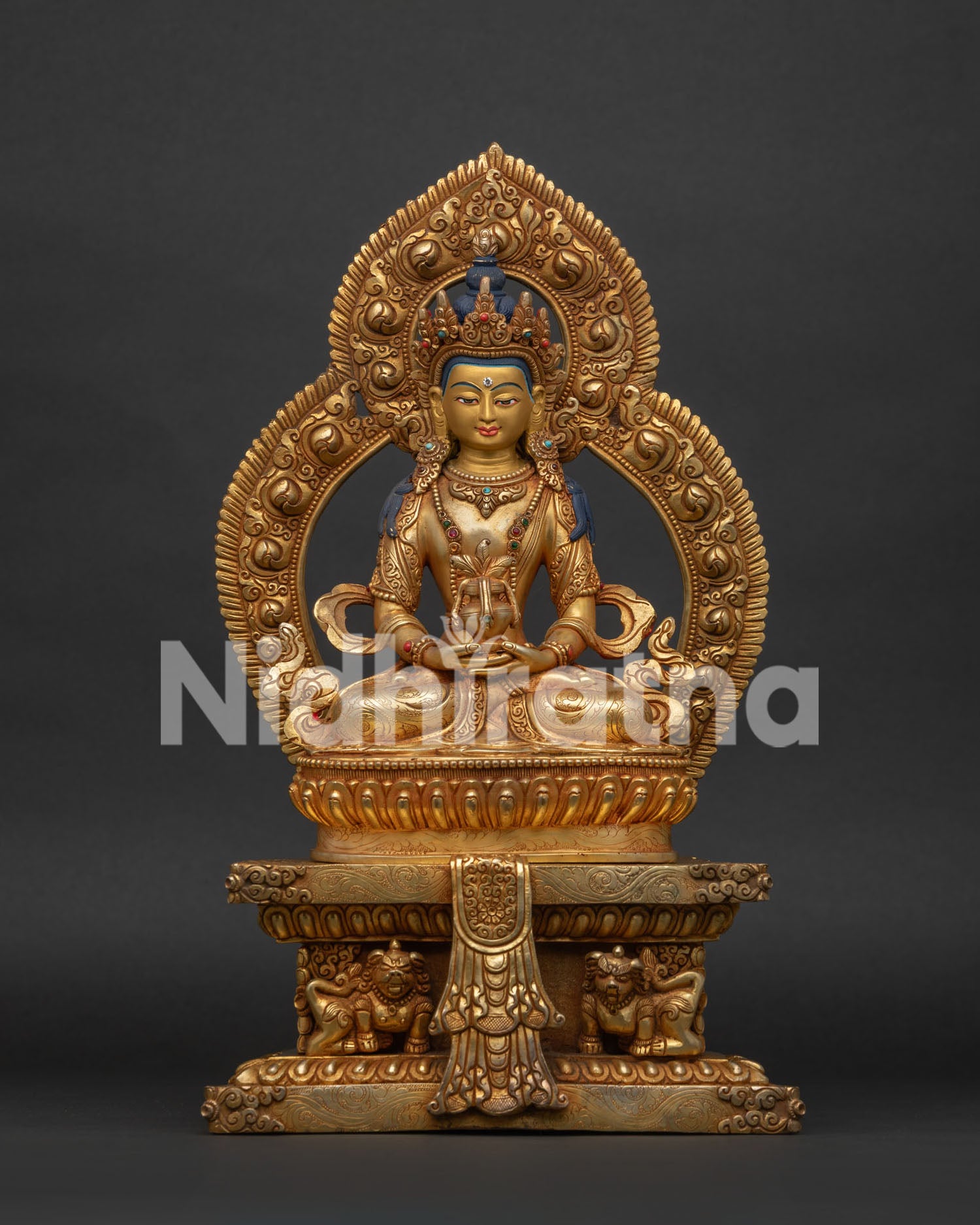 Handcrafted Amitayus Statue in Gold Fire Gilded Copper with Gold Painted Face.