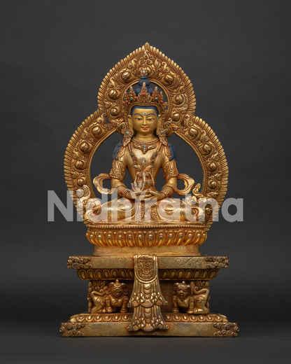Handcrafted Amitayus Statue in Gold Fire Gilded Copper with Gold Painted Face.