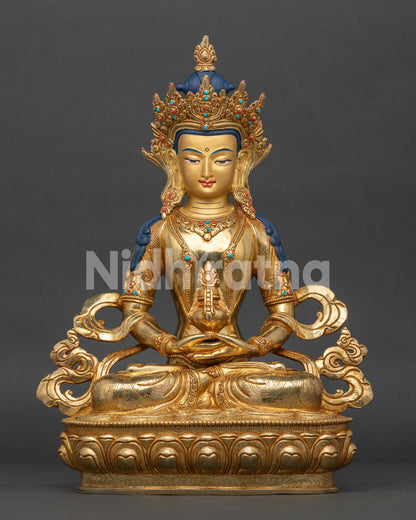 Handcrafted Amitayus Statue Nepal 24K Gold Fire Gilded Buddhist Sculpture
