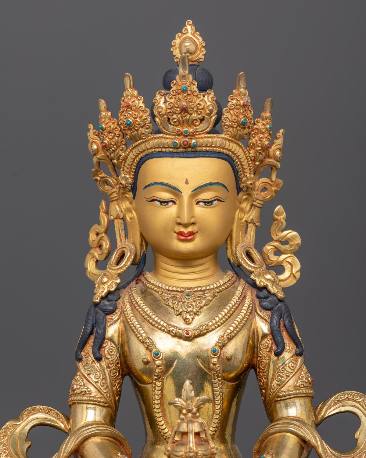 Handcrafted Amitayus Statue with Five Jewel Crown Gold Painted Face and Semi Precious Stones