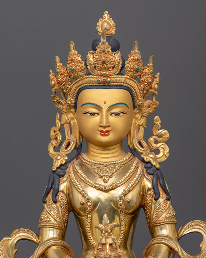Handcrafted Amitayus Statue with Five Jewel Crown Gold Painted Face and Semi Precious Stones