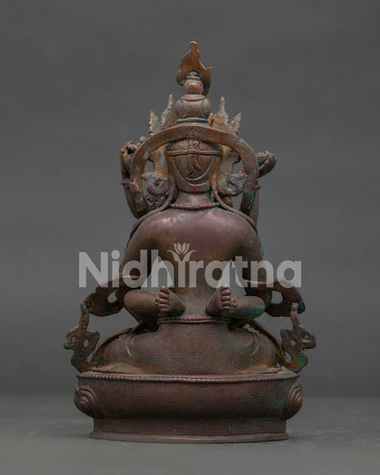 Handcrafted Amitayus with consort statue showing antique oxidized copper finish and details.
