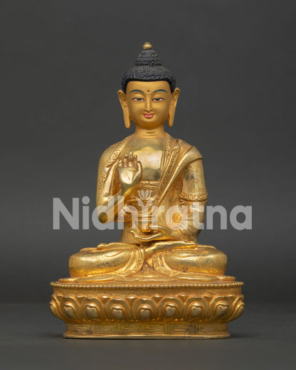 Handcrafted Amoghasiddhi Buddha Statue with Gold Fire Gilding on Lotus Pedestal.