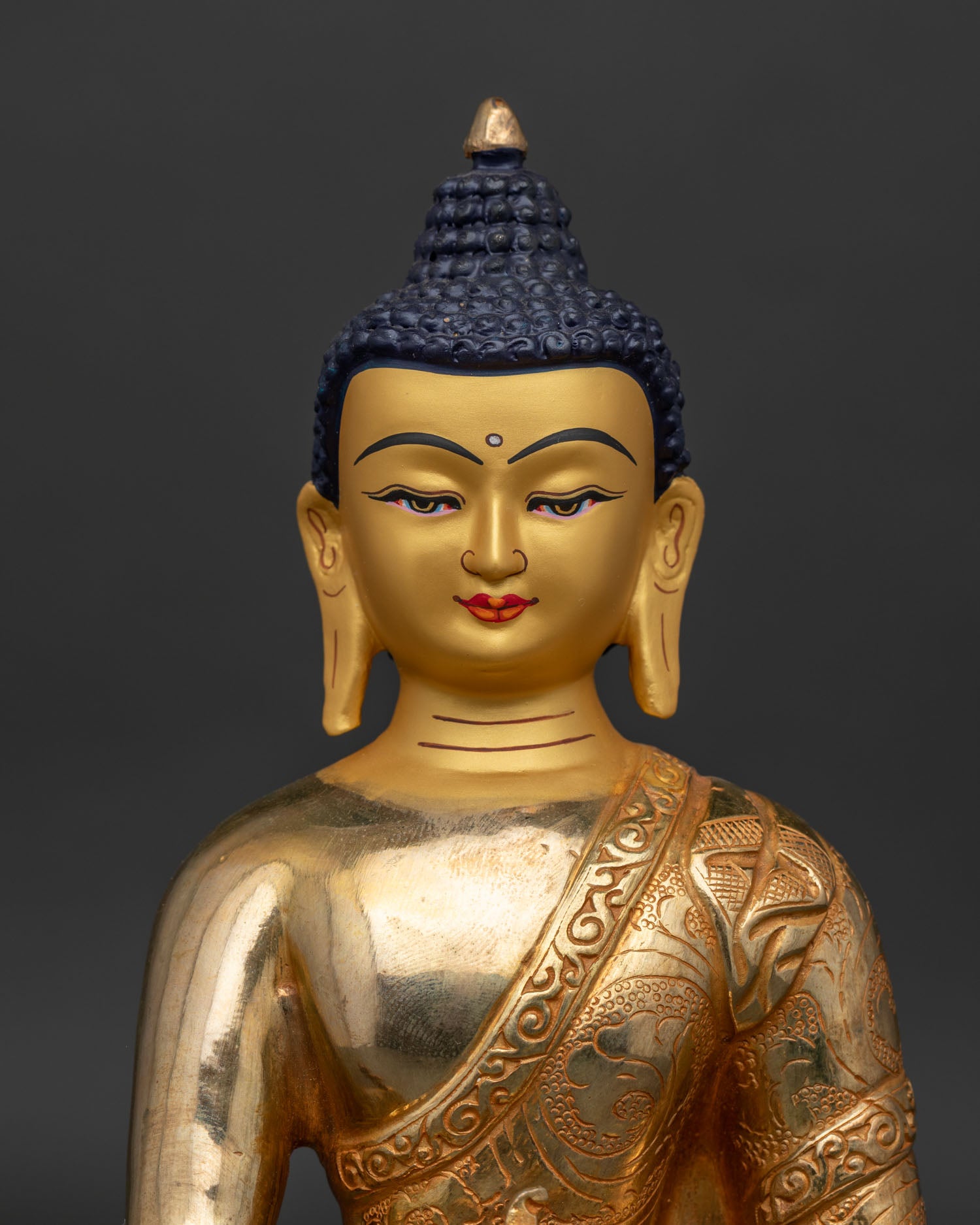 Handcrafted Bhaisajyaguru Buddha Statue with intricate floral robe carvings from Nepal