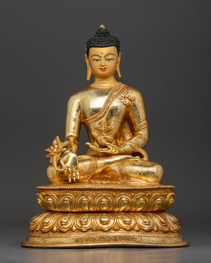 Handcrafted Bhaisajyaguru statue seated on a double lotus pedestal with intricate details