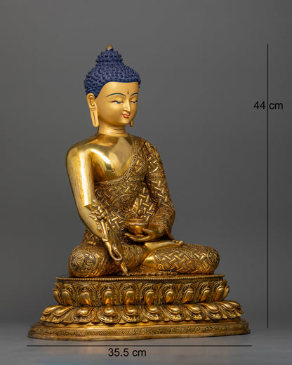 Handcrafted Bhaisajyaguru Statue with Double Lotus Throne and Myrobalan Stem