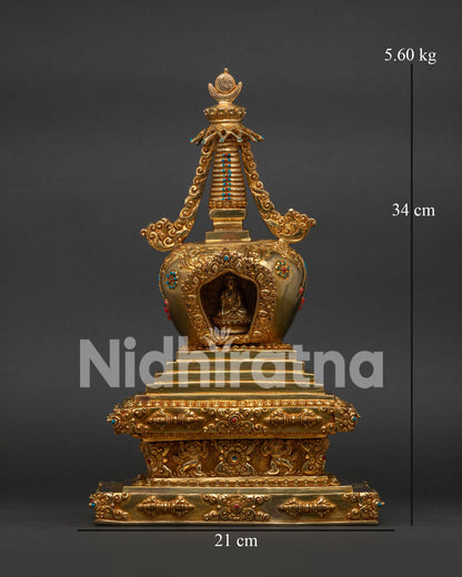 Handcrafted Buddha Shakyamuni Stupa with gold plated copper and semi precious stones