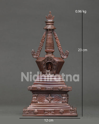 Handcrafted Buddha Shakyamuni Stupa with oxidized copper finish