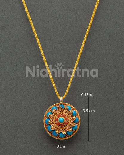 Handcrafted Buddhist floral locket with turquoise and coral stones