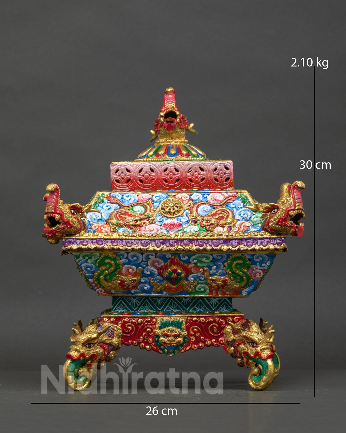 Handcrafted Buddhist incense burner in copper with gold gilded details from Nepal