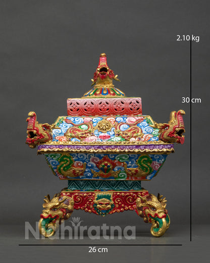 Handcrafted Buddhist incense burner in copper with gold gilded details from Nepal