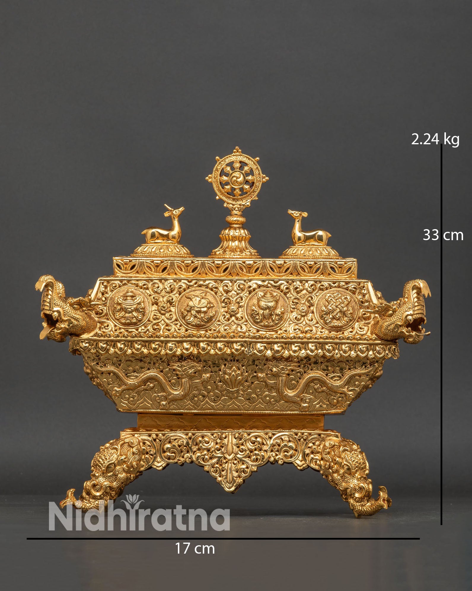 Handcrafted Buddhist incense burner from Nepal with gold-plated copper and Dharma Wheel lid