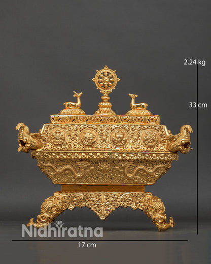 Handcrafted Buddhist incense burner from Nepal with gold-plated copper and Dharma Wheel lid