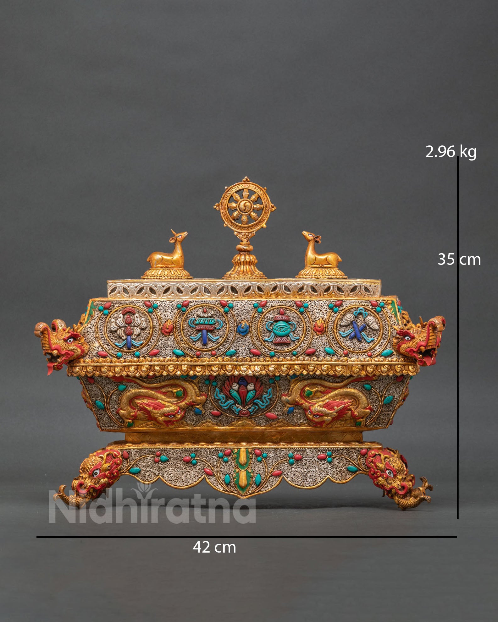 Handcrafted Buddhist incense burner with 24K gold & silver plated , filigree and stone inlay.