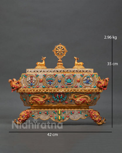 Handcrafted Buddhist incense burner with 24K gold & silver plated , filigree and stone inlay.