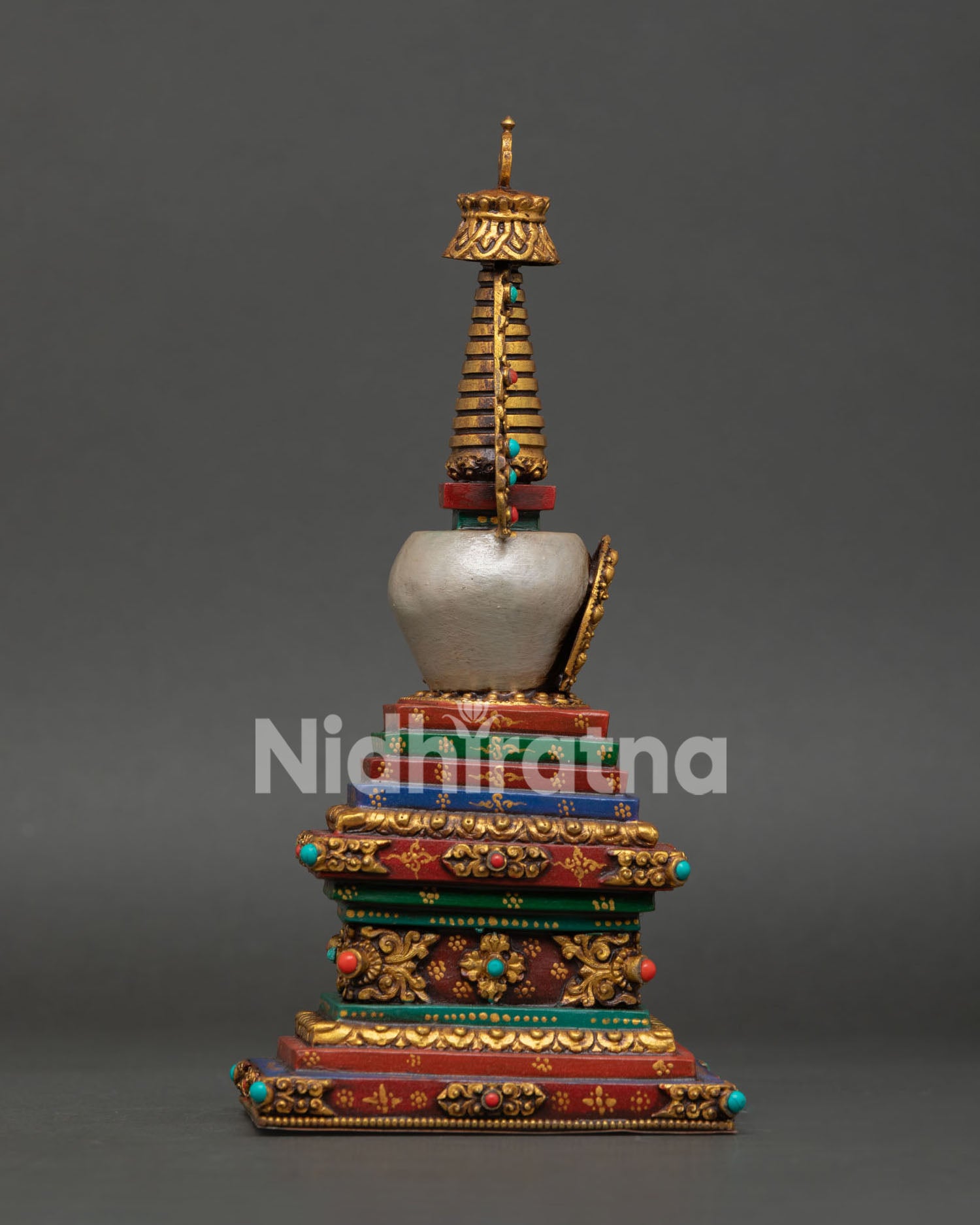 Handcrafted Buddhist Stupa, Adorned with Semi Precious Stones 