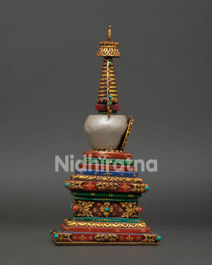 Handcrafted Buddhist Stupa, Adorned with Semi Precious Stones 