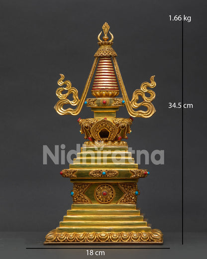 Handcrafted Buddhist Stupa with gold plated copper and semi precious stone decoration from Nepal