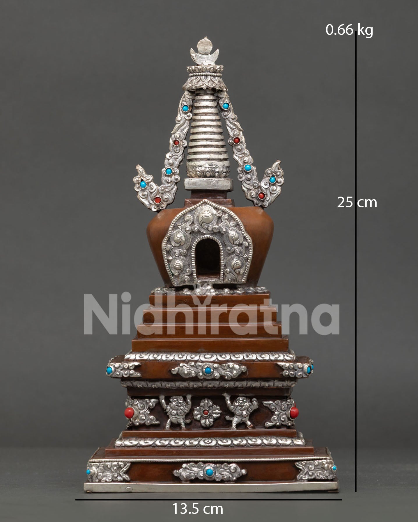 Handcrafted Buddhist Stupa with oxidized copper with silver plated finish from Nepal