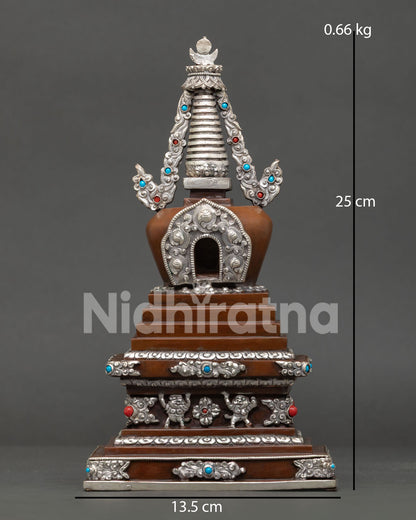 Handcrafted Buddhist Stupa with oxidized copper with silver plated finish from Nepal