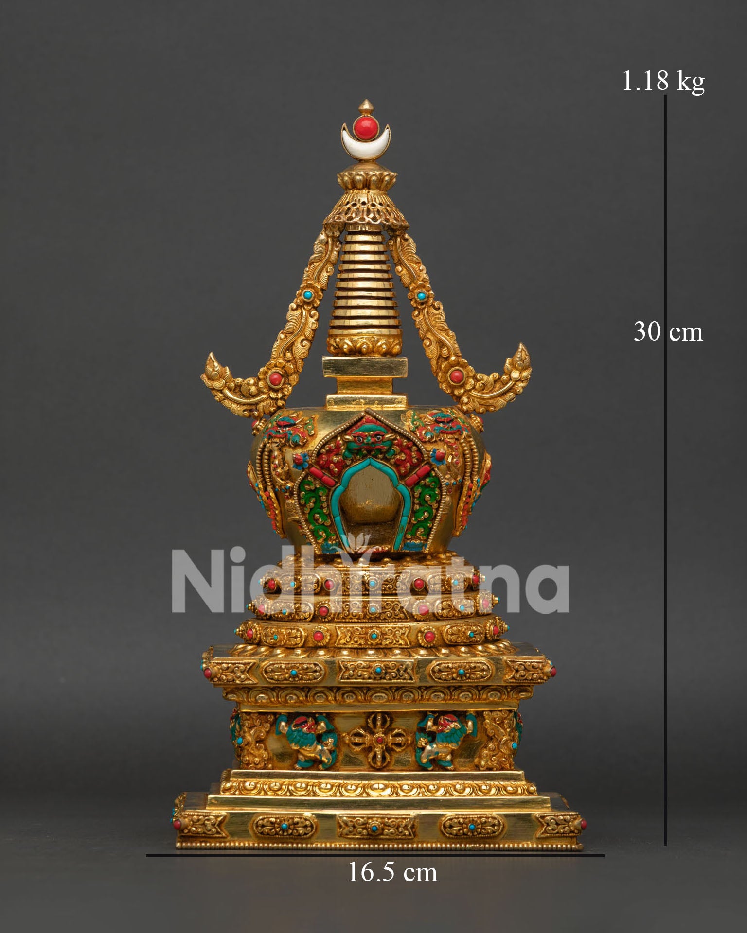 Handcrafted Buddhist Stupa with Snow Lions and Gold-Plated Finish from Nepal