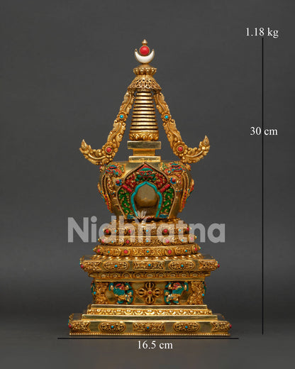 Handcrafted Buddhist Stupa with Snow Lions and Gold-Plated Finish from Nepal