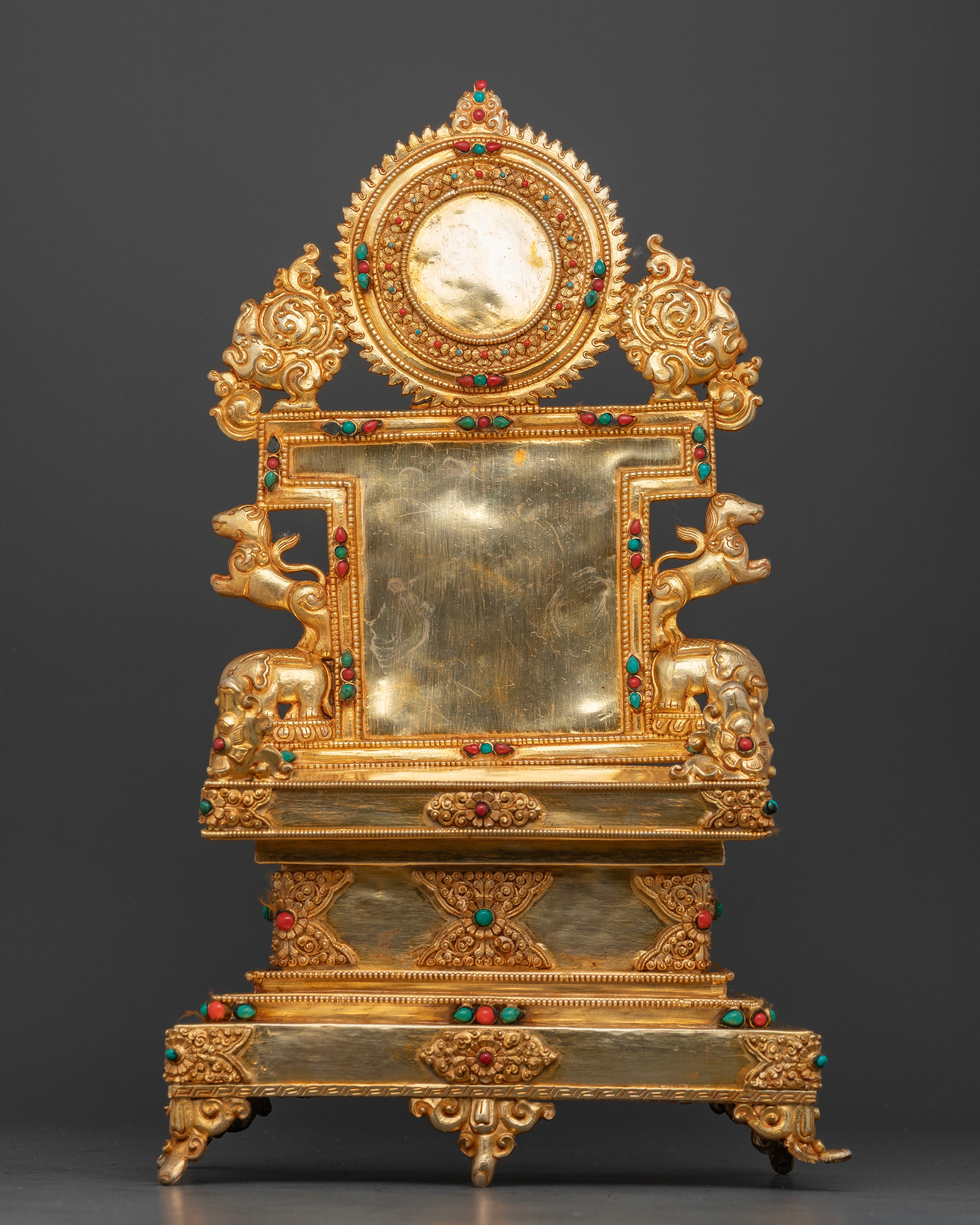 Handcrafted Buddhist throne from Nepal with 24K gold gilding and semi-precious stone inlays