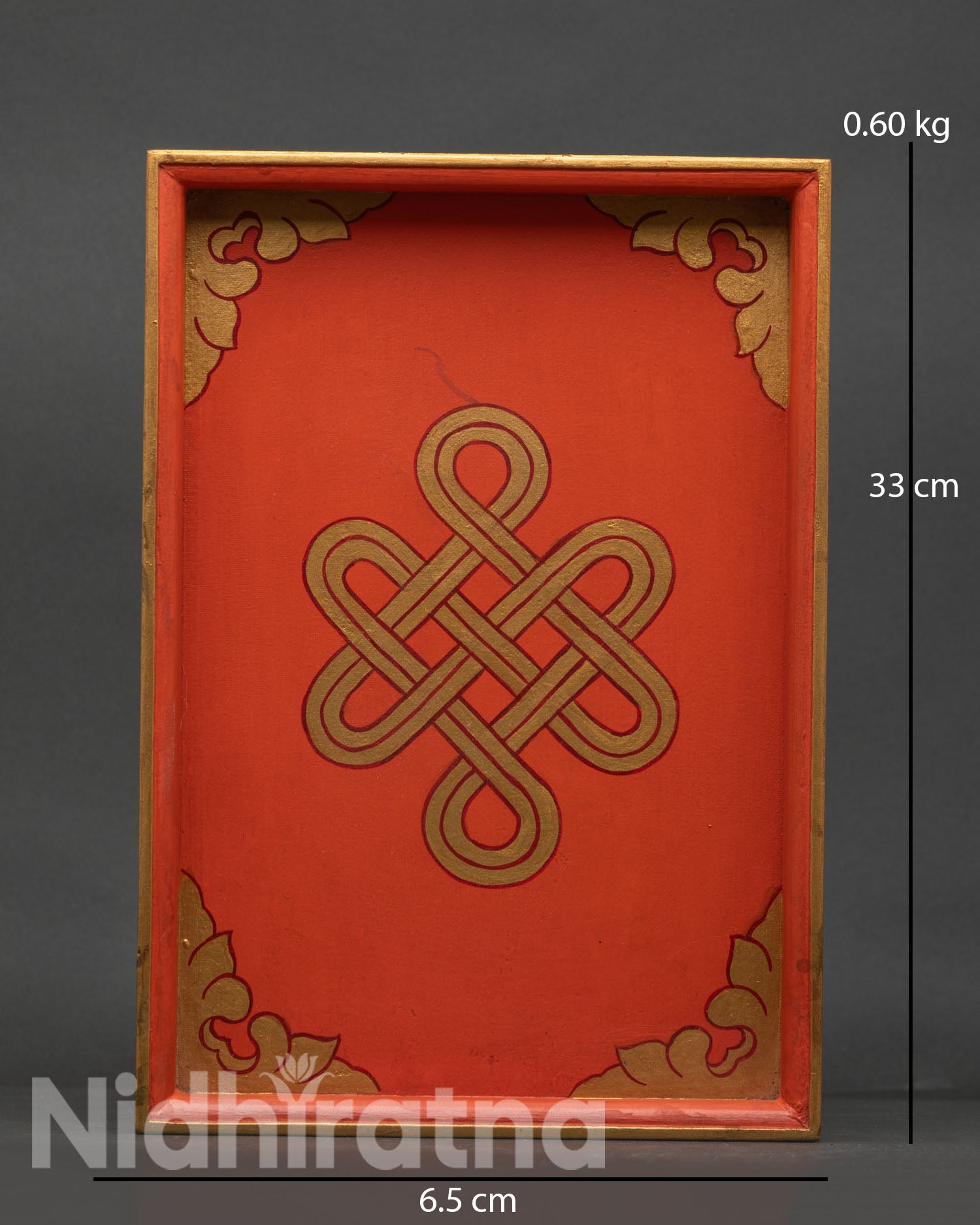 Handcrafted Buddhist wooden tray with Endless Knot design from Patan Nepal