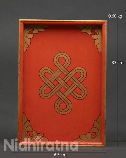 Handcrafted Buddhist wooden tray with Endless Knot design from Patan Nepal