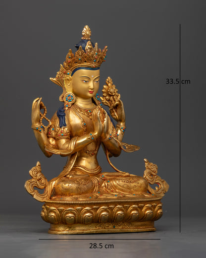 Handcrafted Chenrezig Buddhist Statue from Patan Nepal with Semi-Precious Stones