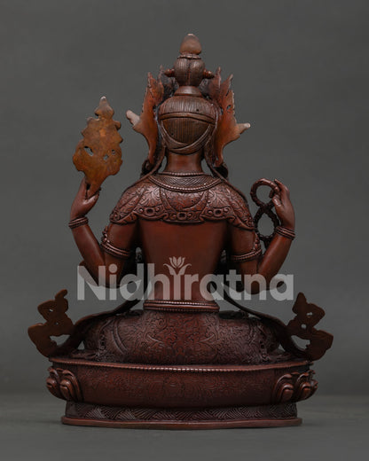 Handcrafted Chenrezig Copper Statue Seated on Lotus Pedestal Back View.