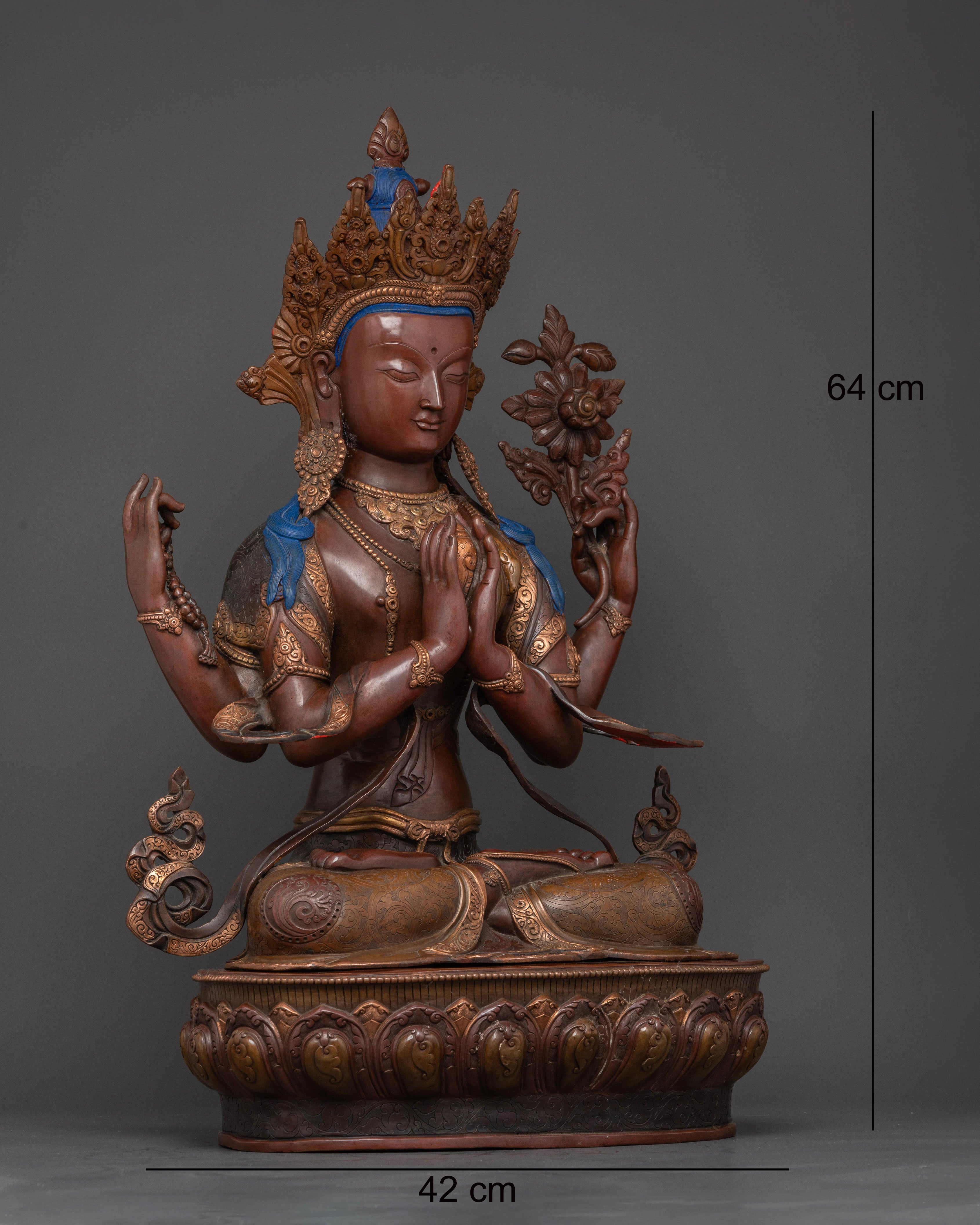 Handcrafted Chenrezig Statue by Newari Artisans with Gold Gilded Accents and Jewelry
