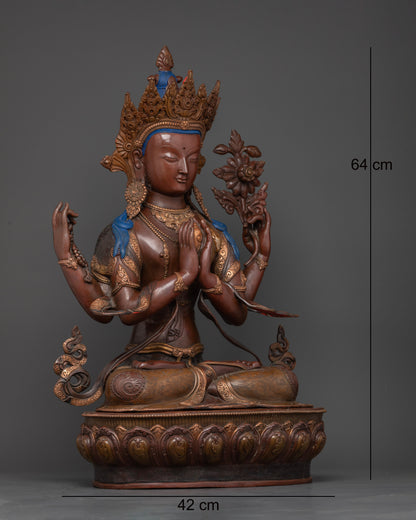 Handcrafted Chenrezig Statue by Newari Artisans with Gold Gilded Accents and Jewelry