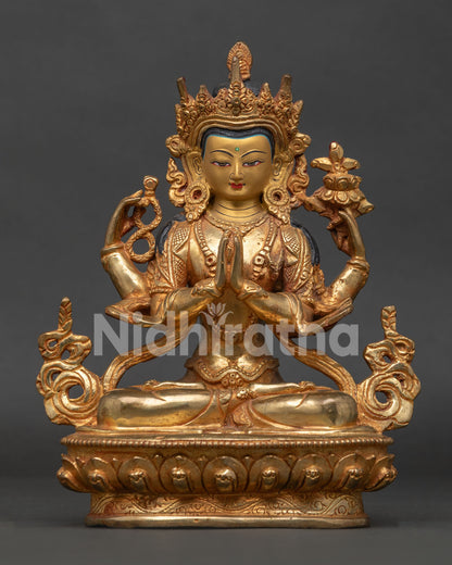 Handcrafted Chenrezig Statue Front View Gold Fire Gilded Copper Nepal.