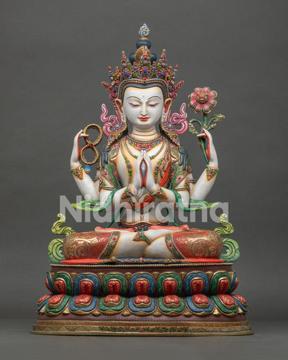 Handcrafted Chenrezig Statue in gold gilded copper with acrylic colors made in Nepal