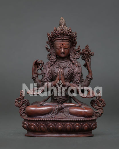 Handcrafted Chenrezig Statue on Lotus Throne with Oxidized Copper Finish.