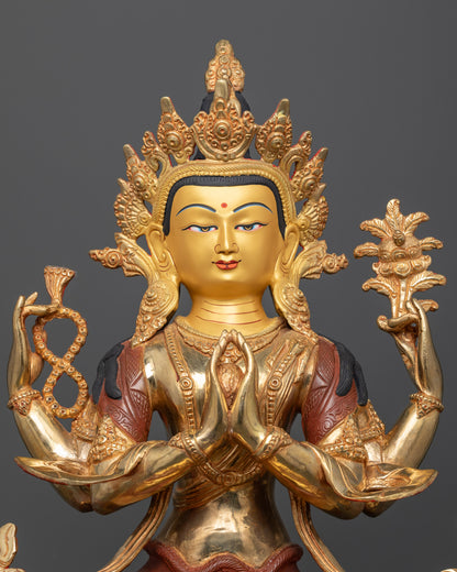 Handcrafted Chenrezig Statue from Patan, Nepal with Gold-Painted Face