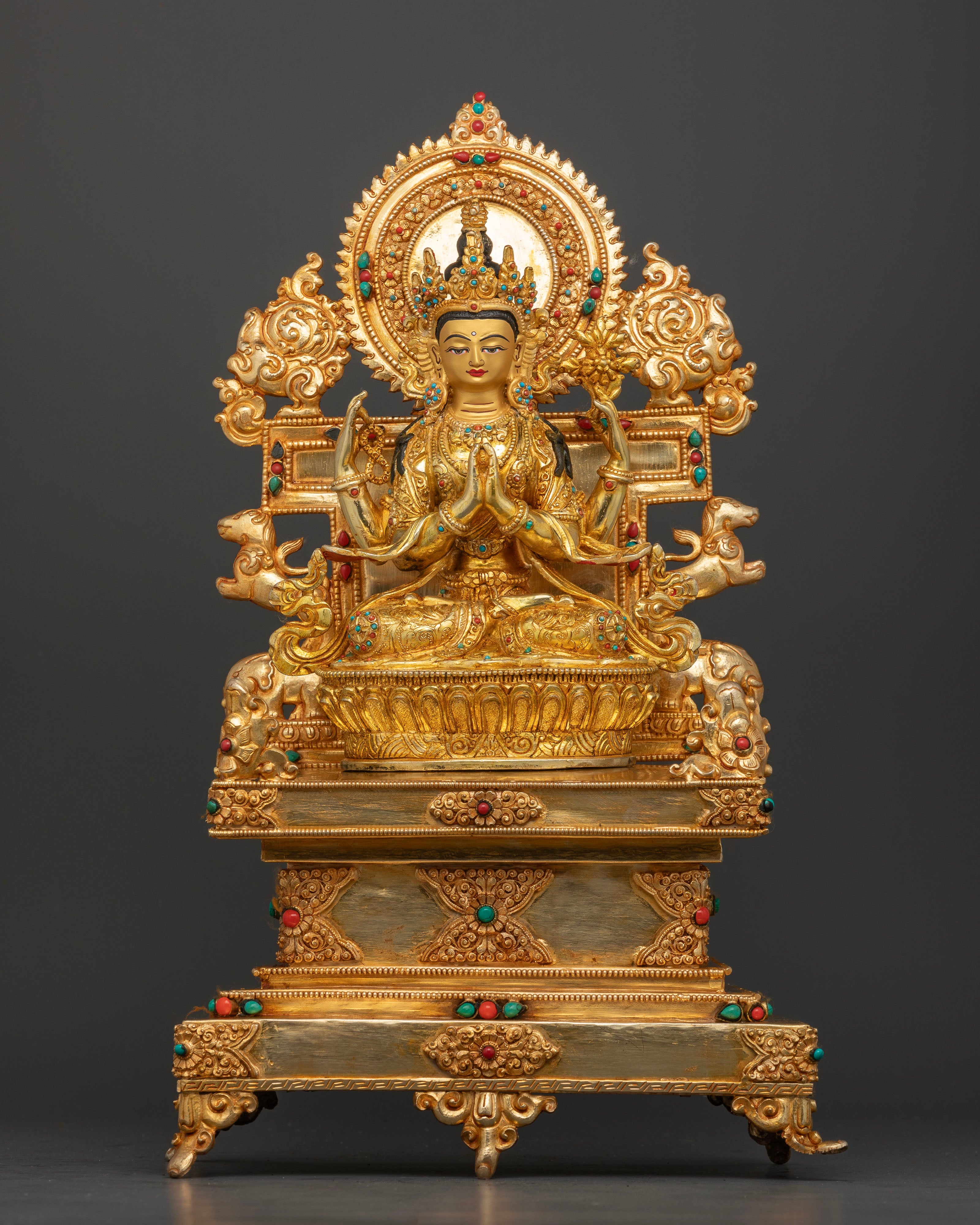 Handcrafted Chenrezig Statue with 24K gold gilding and majestic throne
