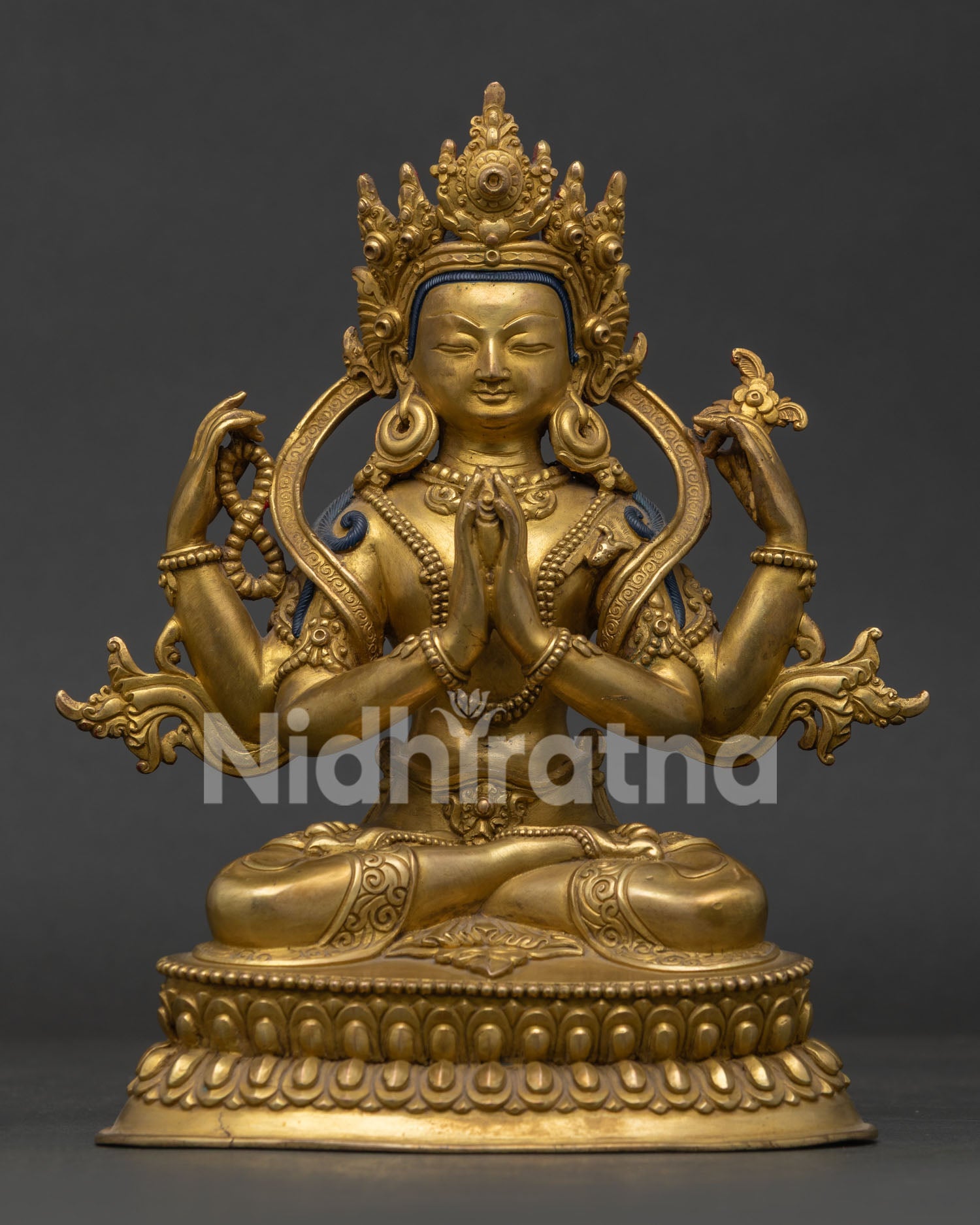 Handcrafted Chenrezig Statue with Gold Fire Gilding on Double Lotus Pedestal.