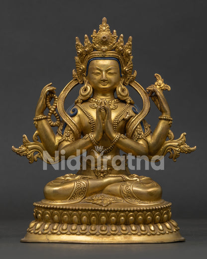 Handcrafted Chenrezig Statue with Gold Fire Gilding on Double Lotus Pedestal.
