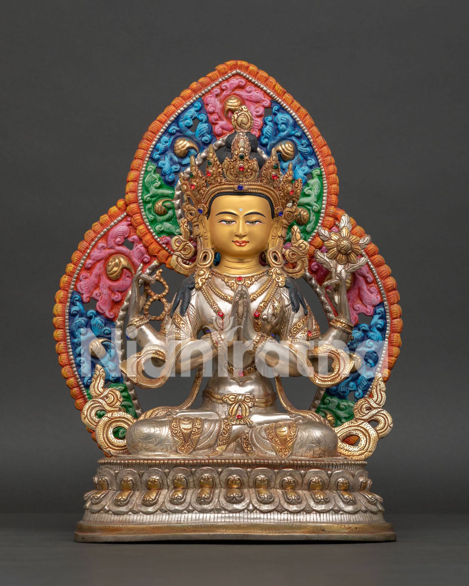 Handcrafted Chenrezig Statue with Gold Gilded Finish on Double Lotus Throne from Nepal.