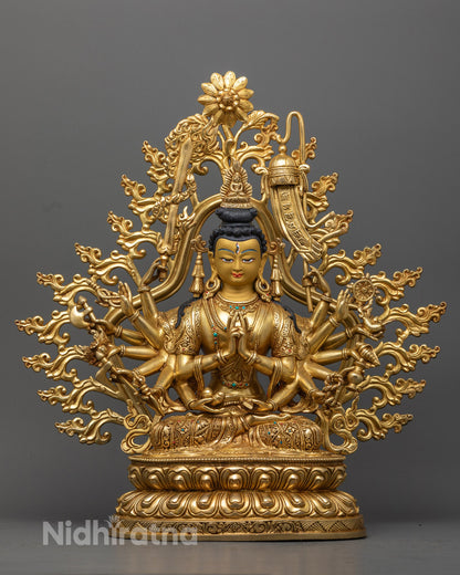 Handcrafted Chundi Devi statue in 24K gold gilded copper from Nepal
