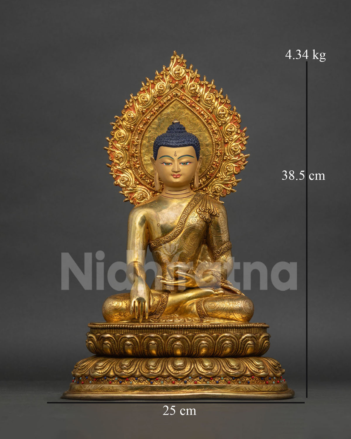 Handcrafted copper Buddha statue, front view, 24K gold-painted face, earth-touching mudra pose