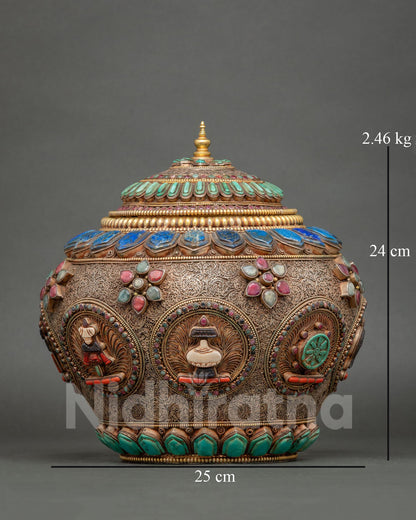 Handcrafted copper Buddhist rice pot with intricate filigree from Nepal