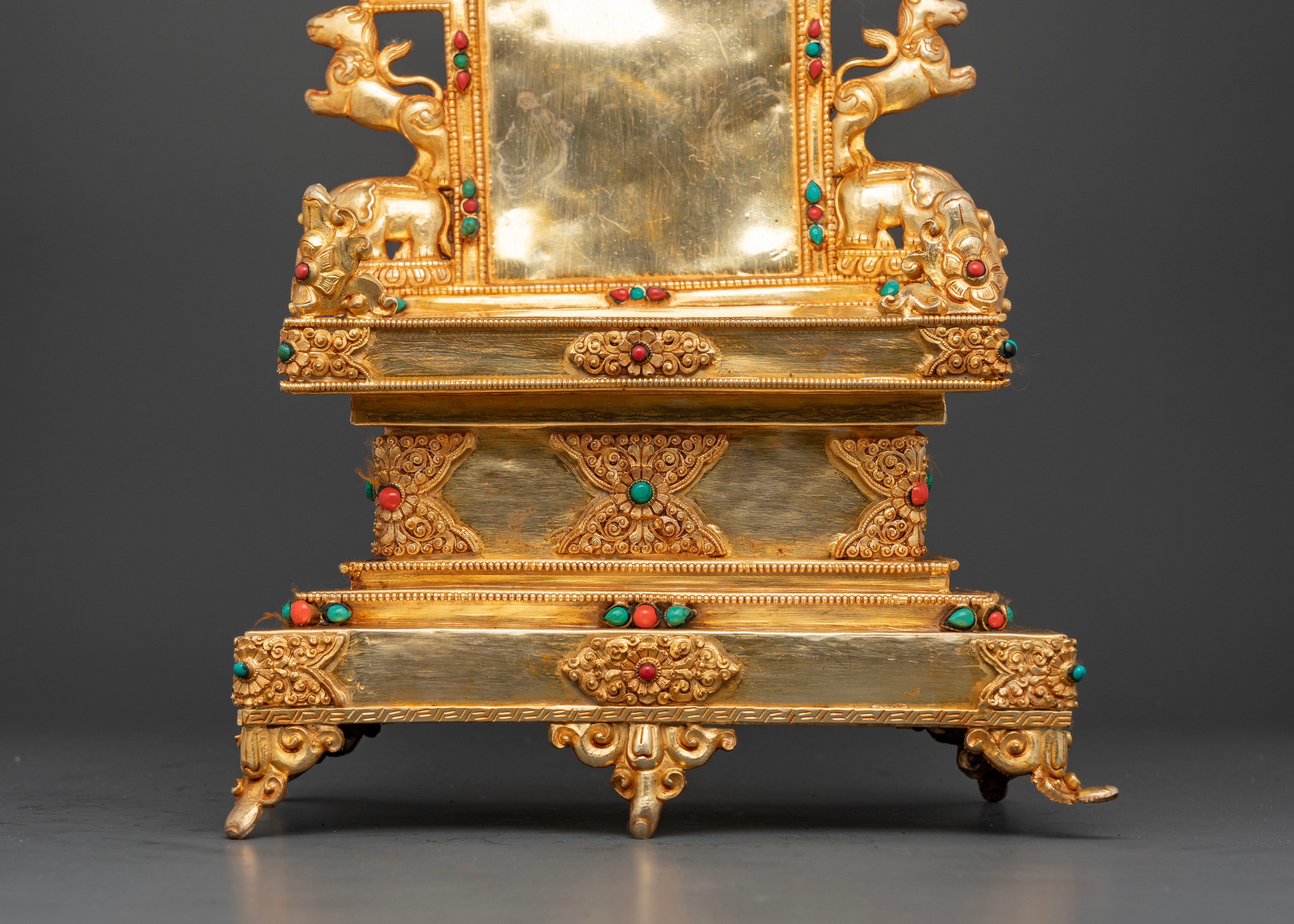 Handcrafted copper Buddhist throne with gold gilded details for sacred altar and shrine
