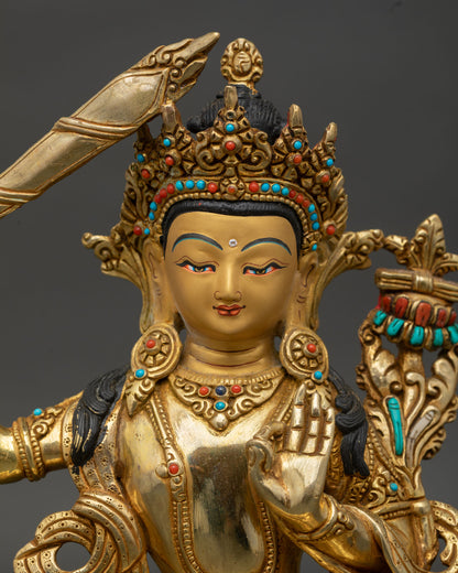 Handcrafted copper Manjushri deity statue, semi precious stones, meditation home decor spiritual art