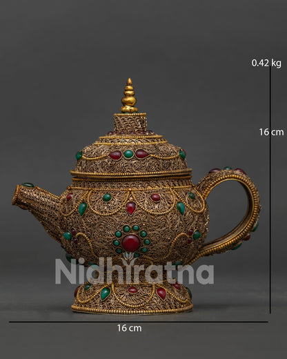 Handcrafted Copper Tea Pot with Ruby and Emerald Stones from Nepal