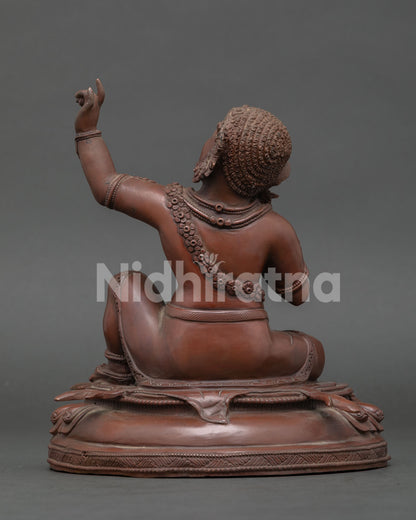 Handcrafted copper Virupa statue, seated on carved lotus throne with deer skin and ornaments